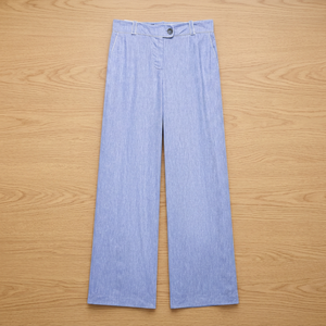 Pantalon large taille haute pour femme en coton Oxford bleu uni, coupe décontractée, longueur intégrale, fermeture boutonnée, devant plat, idéal pour l'été - Product Image 3