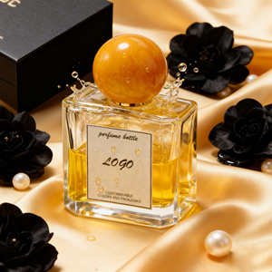 ขวดน้ำหอมแก้วใสทรงสี่เหลี่ยมสวยงามขนาด50/100มล. พร้อมฝาทรงกลมลวดลายหินอ่อนสีส้มเหลือง - Product Image 2