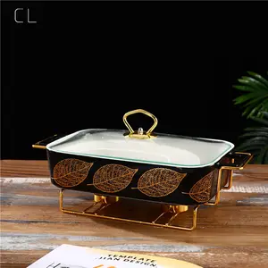 Foglia goffratura design oro coperchio di vetro candele luce del tè buffet scaldavivande in ceramica nera per uso domestico