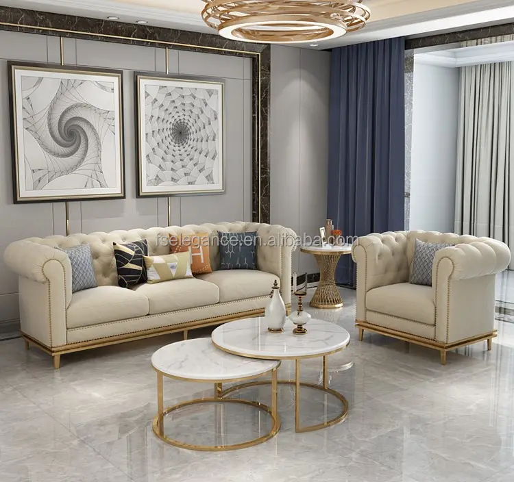 家具リビングルーム高級イタリアブルーベルベットチェスターフィールド現代的な断面リビングルームホームソファデザインモダン