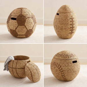 Cesto de Ropa con Forma de Balón, Tejido con Jacinto de Agua Sostenible, con Tapa, para Almacenamiento de Ropa y Juguetes del Hogar - Product Image 6