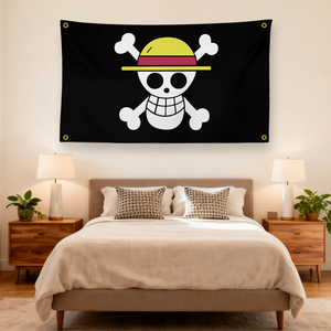 Bandera de los <span class=keywords><strong>Piratas</strong></span> del Sombrero de Paja de <span class=keywords><strong>One</strong></span> <span class=keywords><strong>Piece</strong></span>, Bandera de Calavera de Anime para Decoración de Dormitorio y Fanáticos, Bandera Pirata Negra del Sombrero de Paja de Luffy - Product Image 2