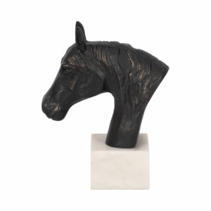 Scultura di testa di cavallo con finitura nera e base in marmo, statuetta decorativa per casa, ufficio, soggiorno - Product Image 1