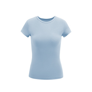T-<span class=keywords><strong>shirt</strong></span> <span class=keywords><strong>femme</strong></span> personnalisé à col rond, coupe droite, en mélange de coton côtelé, couleur <span class=keywords><strong>kaki</strong></span> unie, manches courtes, idéal pour l'été, à prix abordable - Product Image 4