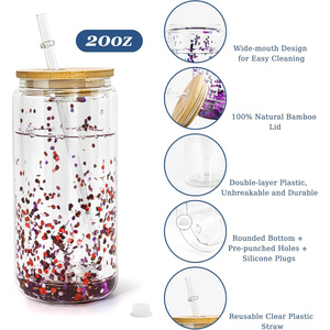 USA Free Shipping 16oz 20oz Transparent Heat Resistant Sublimation Pre Drilled Double Wall Coffee Can <b>Cup</b> Bamboo <b>Lid</b> <b>Straws</b> - Product Image 2