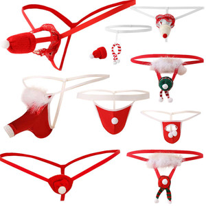 Sous-vêtements de Noël pour hommes, string rouge et blanc, motif Père Noël, taille basse, polyester, élasthanne, nylon, costume sexy et tentant - Product Image 1