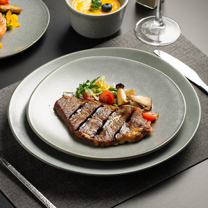 Plato para servir de cerámica de estilo occidental vintage, plato para carne en forma gris, adecuado para el hogar y el restaurante, vajilla occidental - Product Image 1