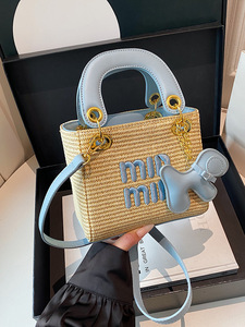 Luxury Designer Inspired <b>Straw</b> Mini Tote <b>Bag</b> Women With Embroidery Lettering Crossbody - Product Image 3