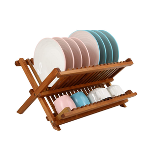 High quality kitchen plate holder foldable bamboo dish drying rack 2 tier