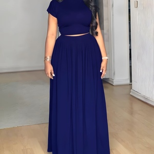 Women's Solid Color Crew Neck T-Shirt and <b>Skirt</b> Casual 2-Piece Set Fashion - Product Image 3