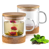 Tasse à thé en verre Borosilicate à Double paroi personnalisable, avec Double paroi isolée en bambou et soucoupes