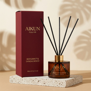 Aikun – Coffret cadeau diffuseur à bâtonnets 7D en verre rond brun de 100 ml avec feuille d'aluminium, parfum longue durée, pour hôtels et revendeurs – Faible MOQ - Product Image 1