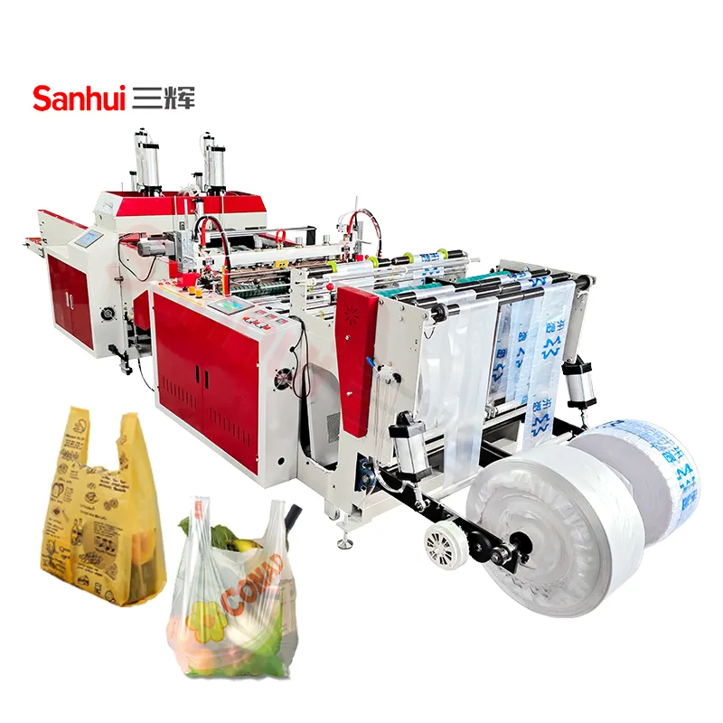 हाई स्पीड 280-400 पीसी/मिनट स्वचालित दो लाइनों प्लास्टिक शॉपिंग बैग टी-शर्ट बैग बनाने की मशीन