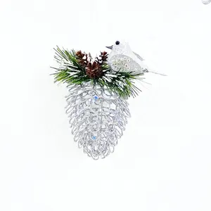 hot sales custom metal craft silver pinecone shaped with bird christmas hanging ornament for cristmas decoration