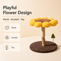 Griffoir en bois pour chat en gros avec perchoir en peluche tournesol, colonne en corde de sisal naturel, base ronde antidérapante, emballage carton, design minimaliste