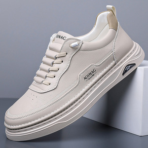 Zapatillas Deportivas de Piel para Hombre Aoinag, Blancas, de Tacón Bajo, con Cordones Delanteros, Color Sólido, Estilo Juvenil, para Skate - Product Image 1