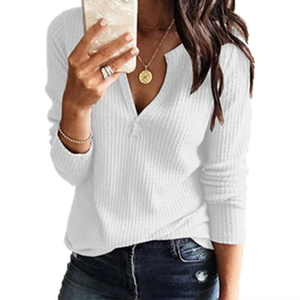 <strong>Women's</strong> Casual Long Sleeve Pullover Sweater Blouses V-Neck Waffle Knit <strong>Henley</strong> <strong>Tops</strong> Front Flower Hand Knitted for Autumn - Product Image 2