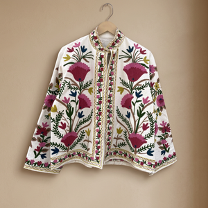 <b>Women</b> Floral Embroidered Stand <b>Jacket</b> White Open Stitch Long Sleeve <b>Lightweight</b> Autumn/Winter Fashion Coat <b>for</b> Casual Wear - Product Image 3