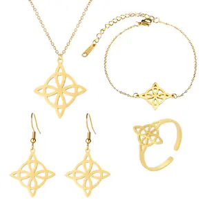 4Pcs Witch Knot Jewelry Set Stainless Steel 18K Gold Plated Witch Knot Rings Necklaces Earrings Bracelets Jewelry Set