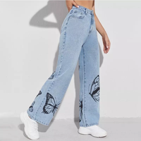 Jean en jean pour femme, motif papillon, legging droit, fermeture éclair