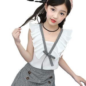 Nouveaux vêtements pour enfants en gros, mode indienne, ensemble haut sans manches en coton blanc avec nœud et short à carreaux pour fille - Product Image 1