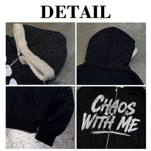 Sweat à capuche zippé noir surdimensionné en coton épais avec motif graphique en strass et bordure en fourrure pour hommes, style streetwear - Product Image 6
