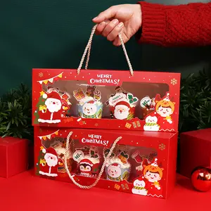 Venta al por mayor cajas de cupcake rojo-Caja de magdalenas navideñas con 1, 2, 4 y 6 agujeros, con insertos, venta al por mayor, mini cajas de pastel con ventana de mango