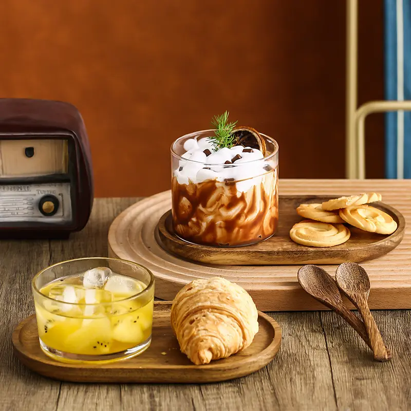 Japon tarzı özel Logo ahşap tepsisi mutfak masa çatal kase tatlı kahvaltı cam kase plaka seti