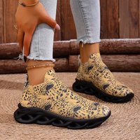 Chaussures pour femmes en tissu de style européen à imprimé léopard respirantes, chaussures de course décontractées à semelle épaisse, chaussures de sport confortables
