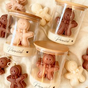 เทียนหอมรูปมนุษย์ขนมปังขิงสำหรับตกแต่งบ้านในเทศกาลคริสต์มาสวันหยุดฤดูหนาวเทียนไขถั่วเหลืองน่ารักพร้อมฝาไม้ไผ่ - Product Image 1