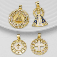 ASJEWELRY Pendentif Vierge Marie en Cuivre Plaqué Or avec Zircon, Breloques Croix Catholique pour Fabrication de Colliers et Bijoux DIY pdtb999