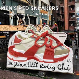 Zapatillas Casuales de Hombre con Parte Superior de Cuero Genuino de Alta Calidad, Nuevo Estilo Rojo y Negro, Zapatos para Caminar con Plantilla de TPR y Forro de Algodón, a la Moda - Product Image 2