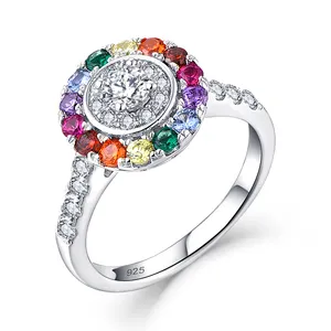 Nouvelle mode bijoux multicolores forme ronde bague en pierre colorée arc-en-ciel bague de fiançailles en zircon