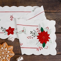 Ensemble de chemins de table ronds en feutre brodé, certifié OEKO-TEX, lavable, avec applique de poinsettia blanche de Noël OWENIE