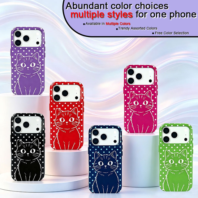 Glossy PU Leather Polka Dot Cat Print Phone Case for IPhone 15 Pro Max Cute Cartoon Style Raised Camera Lips Anti Drop Cover