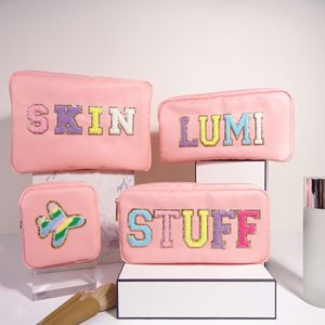 Nylon Pouch <strong>Bag</strong> with Zipper Cosmetic Travel Makeup pink Custom logo Zippered Wholesale <strong>Toiletry</strong> Printed Fabric Women <strong>Small</strong> Patch - Product Image 2