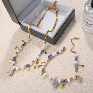 vintage court style titanium steel necklace light luxury high end zircon natural pearl <b>bracelet</b> set niche versatile jewelry - Product Image 1