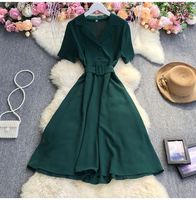 2022 été corée femmes Blouse chemise robe a-ligne à manches courtes col en v genou longueur plage couleur unie mode dame tenue décontractée