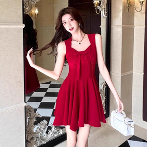 <b>Red</b> Halter Neck Mini Dress With <b>Bow</b> Pleated Waist Flattering Silhouette For Banquet Evening Wear - Product Image 2