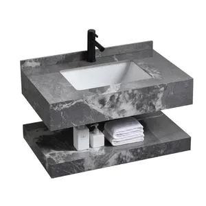 Mobile lavabo in marmo mobile da bagno galleggiante moderno a doppio strato Rock Vanity