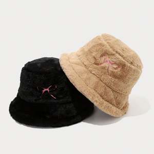Chapeau Bob en Peluche Brodé Nœud Papillon Tendance pour Femme, Idéal Automne Hiver et Extérieur - Product Image 3