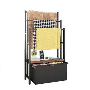 Estante Metálico de 3 Niveles para Toallas y Mantas con 2 Cestas de Almacenamiento Desmontables, 6 Ganchos, Gran Capacidad de Carga, Montaje en Pared, Interior/Exterior - Product Image 1