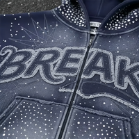 Sweat à capuche streetwear personnalisé pour homme, avec strass, broderie, coupe ample, grammage lourd, effet vintage délavé à l'acide et appliqué vieilli