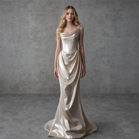 Robe de soirée sirène en satin champagne à une épaule, avec bretelles perlées, col drapé et corset, pour fêtes, fournisseur personnalisé, vente en gros