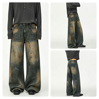 Nouveau jean large à dégradé brun foncé et bleu clair, effet éclaboussures de peinture, peint à la main, effet vieilli, coupe ample, longueur au sol en denim