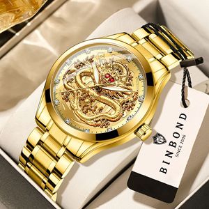 Binbond Golden Dragon Watch Men's Quartz Analog 50m Waterproof Stainless Steel <b>Bracelet</b> Diamond <b>Ruby</b> Face Fashionable - Product Image 1