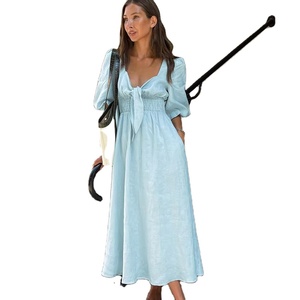 <span class=keywords><strong>Abito</strong></span> Casual a maniche a sbuffo a vita alta da donna in cotone e <span class=keywords><strong>lino</strong></span> <span class=keywords><strong>azzurro</strong></span> chiaro - Product Image 2