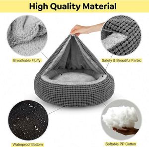 Free Sample Small Dog <b>Bed</b> with Attached Blanket, Cozy Donut Cuddler Anti-Anxiety Hooded Pet <b>Beds</b> Calming <b>Cave</b> <b>Bed</b>. Round - Product Image 3