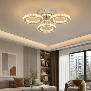 Plafonnier LED à intensité variable et 3 couleurs changeantes, design moderne et luxueux, 3 anneaux, à montage en surface, avec cristaux, pour salon et maison - Product Image 2