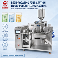 Machine de remplissage et de scellage à pompe pour sachets souples, à quatre postes, à mouvement alternatif, pour savon liquide pour les mains et liquide vaisselle, largeur de sac 80mm à 200mm